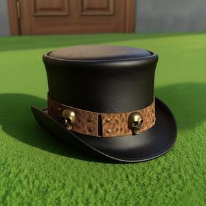 หมวกทรงสูงหนังแท้สีดำคุณภาพสูง งานแฮนด์เมดสำหรับผู้ชาย ประดับหัวกะโหลก สไตล์สตีมพังก์ กอธิค คอสเพลย์ - Product Image 3