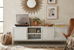Modern White TV Stand with <b>Storage</b> Shelves and <b>Cabinet</b> Doors for Living <b>Room</b> Furniture Midcentury Design - Product Image 1