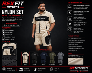 REXFIT SPORTS 2026 Ensemble de survêtement personnalisé pour homme en nylon beige à manches courtes, veste zippée intégrale et short, vêtements de sport sur mesure - Product Image 1