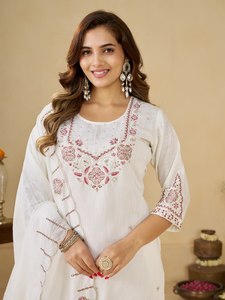 Conjunto de Tres Piezas de Seda Marina para Mujer, Kurti Cosido, Pantalón Bordado, Dupatta de Maslin, Ropa Étnica India Premium - Product Image 1