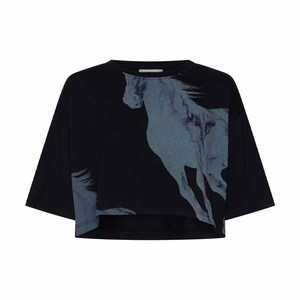 <b>Women</b> Crop T <b>Shirt</b> <b>Black</b> Batwing Sleeve Horse Print Oversized Cotton Jersey O-Neck Loose Fit Spring Summer Top - Product Image 5