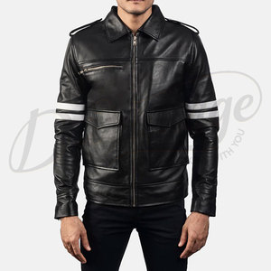 Chaqueta Utilitaria de Cuero Genuino Negra para Hombre con Franjas Blancas en los Brazos, Múltiples Bolsillos, Corte Ajustado, Estilo Motero, Ropa de Invierno - Product Image 1