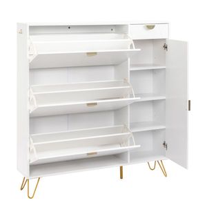 Scarpiera in truciolato bianco con pannello porta intagliato a V, 3 cassetti a sinistra, 1 cassetto a destra, 1 anta, 120x24x125 cm - Product Image 6