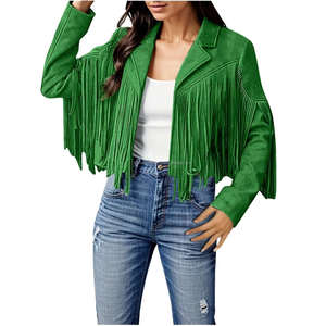 Chaquetas de mujer con flecos de cuero de ante Vintage verde, abrigo de manga larga con solapa abierta estilo vaquero occidental bohemio - Product Image 2