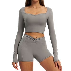 Conjunto Deportivo para Mujer, Modelo Nuevo, Elástico, Transpirable, con Logotipo Personalizado, para Yoga, Gimnasio, Fitness, Top de Manga Larga y Pantalones Cortos - Product Image 5