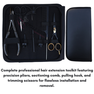 Kit de herramientas para extensiones de cabello de salón con alicates de crimpado plano, gancho de tracción, agujas curvas para extensiones, cortador de hilos y tijeras de peluquería - Product Image 6