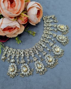 Pear Cut Crystal Stone Necklace Earrings And Mangtika <b>Set</b> Antique Gold PLated Ethnic Festive Wear Wholesale Fashion Jewelry <b>Sets</b> - Product Image 2