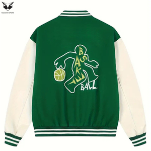 Dark Green Varsity <b>Jacket</b> <b>Men</b> Letter Embroidery Streetwear Bomber <b>Jacket</b> <b>White</b> Sleeve Loose Fit Sporty Baseball Uniform - Product Image 2