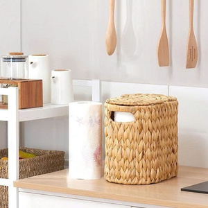 Natural Rattan Storage <b>Basket</b> <b>With</b> <b>Lid</b> Circle Shape For Kitchen Organization Nordic Style <b>With</b> Handles - Product Image 1