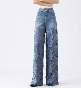 Jean en denim taille haute à jambe large pour femme, longueur intégrale, en coton délavé, broderie en dentelle, coupe décontractée, style printemps - Product Image 2