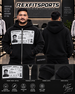 REXFITSPORTS 2026 Sweat à capuche zippé oversize noir pour homme, impression graphique personnalisée, molleton de coton premium, veste streetwear - Product Image 1