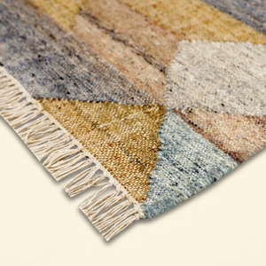DECORDEC Tapis en laine fait main géométrique bleu moutarde Prisme Doré, motif triangulaire abstrait en mosaïque, écologique, antidérapant, rectangulaire - Product Image 5