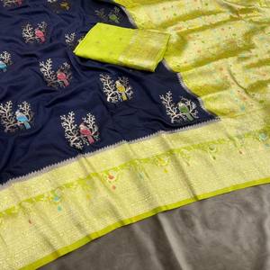 VASTRA COTTAGE Elegante Saree de Georgette de Nailon y Viscosa con Tejido Jacquard Zari Dorado, Pallu Rico y Blusa de Contraste con Borlas - Product Image 2