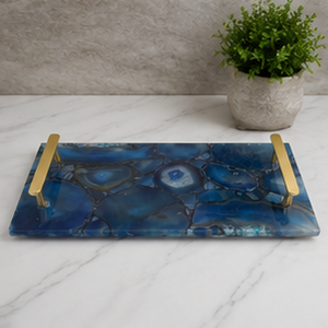 Bandeja Rectangular de Resina con Asas Doradas, Diseño de Ágata Azul, Accesorio Moderno para Mesa de Salón - Product Image 4