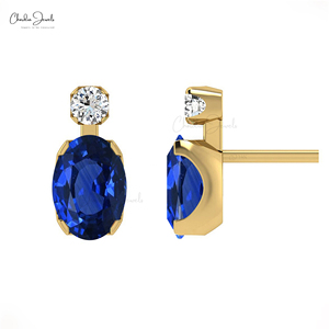 Pendientes de tuerca de zafiro azul ovalado natural con detalles de diamantes en oro amarillo macizo de 14k, piedra de nacimiento de septiembre, con cierre a presión - Product Image 2