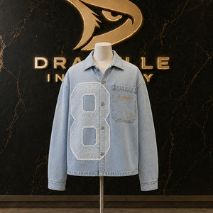 High Quality Premium Bling Varsity 8 Jean <b>Jacket</b> Slouchy Cropped Hip Hop Streetwear Washed Cotton Denim Shirt - Product Image 1