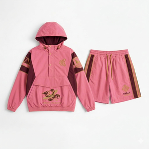 Urban Archive Pink Hooded Tracksuit Set With Embroidery Design Color Blocking Streetwear Style For Adults Spring Season - Product Image 1
