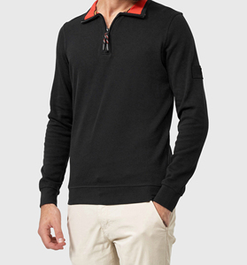 Pull à col zippé pour homme, coupe classique, en velours côtelé noir uni, avec logo sur le devant, doublé, décontracté, col rond, respirant pour l'hiver - Product Image 1