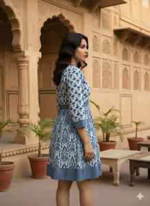 Vestido Midi de Verano para Mujer, Estampado Digital Ikat Azul, Cuello en V, Manga Abullonada, Algodón Ecológico, Estilo Étnico Bohemio, Corte en A, Cintura Natural - Product Image 6