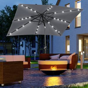 Ombrellone Solare a LED 9 x 7 piedi con Manovella e Pulsante di Inclinazione, per Tavolo da Mercato, Patio Esterno, Terrazza, Grigio Scuro - Product Image 2