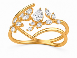 Anillo de compromiso de oro amarillo chapado para mujer con diamante talla pera, diseño de plantas, estilo romántico, engaste de puntas - Product Image 4