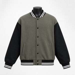 Chaqueta Varsity para Hombre en Color Verde Oliva con Bloques de Color, Mangas en Contraste, Botones a Presión, Letras en PU, para Otoño - Product Image 1