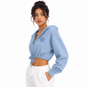Custom Embroidery Logo Women's Fleece <b>Cropped</b> <b>Zip</b> <b>Up</b> Sweatshirt Oversized Drawstring Hem Drop Shoulder Casual Streetwear Hoodies - Product Image 3