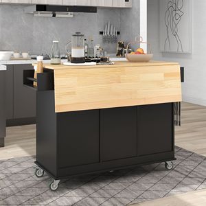Isola Cucina Mobile con Piano in Legno Massello, Larghezza 52,7 Pollici, Armadietto Contenitore, Ruote Bloccabili, Bar Colazione, Carrello Cucina con Piano Ribaltabile - Product Image 5