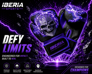 Guantes de Boxeo IBERIA Premium Negros con Estampado de Calavera y Llamas Púrpuras, Guantes de Entrenamiento de Cuero PU, Logotipo Personalizado OEM, Venta al Por Mayor, Transpirables - Product Image 6