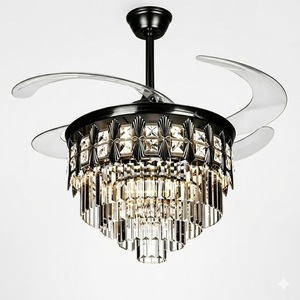 LED <b>Ceiling</b> Fan Crystal Chandelier <b>Remote</b> <b>Control</b> Luxury Invisible Silent Motor Black <b>Lighting</b> Fix Modern Retractable Blade - Product Image 1