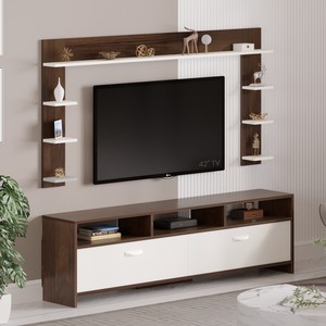 Meuble TV BLUEWUD Mannsae Plus pour téléviseurs jusqu'à 65 pouces, meuble de divertissement en bois composite avec étagères, érable brun et blanc (DIY) - Product Image 1