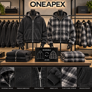 Blouson à capuche réversible noir ONEAPEX avec fermeture éclair, logo personnalisé, streetwear oversize, fabricant en gros - Product Image 3