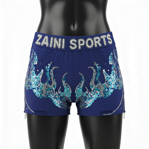 Shorts de mujer de lujo, suaves y elásticos, de poliéster y spandex, azules, con diseño de logotipo con pedrería Hotfix. - Product Image 4