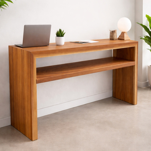 Table console élégante et moderne en bois massif écologique, durable et raffinée, avec étagère à double niveau, pour appartement de luxe. - Product Image 4