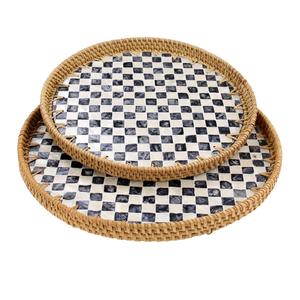 Hotel Supplies Tray and Rattan <b>Basket</b> Shell Mosaic Rattan Tray Round Checkerboard Pattern <b>Wicker</b> Serving Platters Food Wholesale - Product Image 1