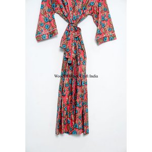 Hand Block Printed Cotton Kimono Bathrobe Indian Style Night Wear/Swim Suit/Dressing Gown Winter 100% Cotton kimono <b>robe</b> - Product Image 5