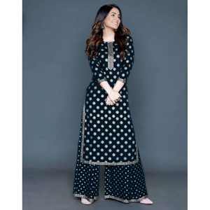 Kurti ลายพิมพ์สีทองพร้อมพาลาซโซสีฟ้า - Product Image 1