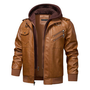 Mens Brown Leather Bomber <b>Jacket</b> Removable Hood Stand Collar <b>Fleece</b> <b>Lined</b> Multi Pocket Casual Motorcycle <b>Jacket</b> - Product Image 4