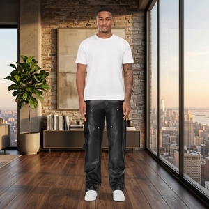 Pantalon de travail pour homme en cuir véritable noir, coupe droite, robuste, en cuir de vachette, avec poches latérales - Product Image 4