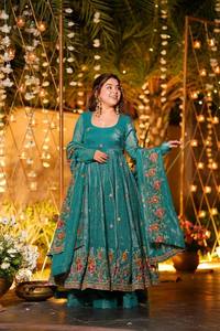 Premium crunchy silk multi embroidery <b>sequins</b> gown full sleeves cotton inner sharara set dupatta embroidered wear women outfit - Product Image 5