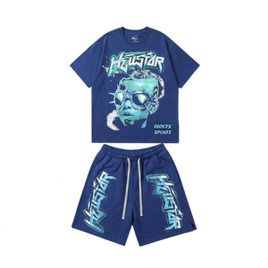 Ensemble respirant pour homme avec imprimé graphique, t-shirt et short en coton épais, streetwear de haute qualité, décontracté, été, deux pièces - Product Image 1