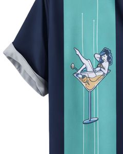Chemise à manches courtes boutonnée à imprimé graphique bleu marine et vert sarcelle, style décontracté d'été pour la plage, fabrication OEM personnalisée en gros pour hommes - Product Image 6