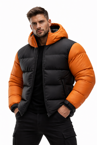 Blouson matelassé imperméable noir et orange pour homme, à capuche, chaud pour l'hiver, zippé, style streetwear, coupe ajustée, avec logo frontal - Product Image 4