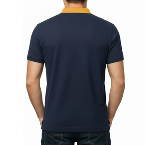 เสื้อโปโลผู้ชายสีน้ำเงินกรมท่า ดีไซน์ใหม่ ขายส่ง คอปกสีเหลืองตัดกัน แขนสั้น ระบายอากาศได้ดี เหมาะสำหรับเล่นกีฬา - Product Image 4