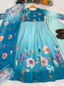 ชุดเดรสผ้าฟ็อกซ์จอร์เจตต์คุณภาพดีเยี่ยม พร้อมงานปักมือที่คอและแขนเสื้อ  แบบยาวเต็มตัว พร้อมกางเกงผ้าเครปปักลายประดับเลื่อม - Product Image 5