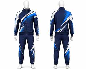 ชุดวอร์มสีน้ำเงินกรมท่าสำหรับผู้ชาย เสื้อแจ็คเก็ตแบบมีซิป กางเกงจ็อกเกอร์ ชุดกีฬา ชุดลำลอง - 2 ชิ้น - Product Image 1