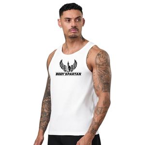 Mens White Ribbed Gym Tank Top Sleeveless O-Neck Printed <b>Athletic</b> Workout Shirt Fitness Training Sportswear Apparel - Product Image 1