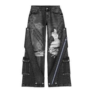 Pantalones Vaqueros Personalizados con Estampado Completo, Adornados con Pedrería, Lavado Vintage Desgastado, Diseño de Parches, Tela Transpirable, Ajuste a la Cintura y Longitud - Product Image 6