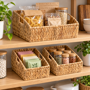 Panier de rangement rectangulaire personnalisable en jacinthe d'eau, écologique et rustique, avec 3 poignées découpées pour l'organisation des étagères - Vente en gros - Product Image 5