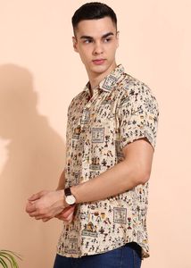 Camisa de Algodón Off-White para Hombre con Estampado Warli, Corte Regular, Diseño Internacional, Estilo Casual de Verano con Cuello y Mangas Cortas - Product Image 6